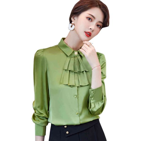 

women's blouses & shirts fashion ladies ruffle silk women latest white apricot green formal office shirt s-5xl 9g0x