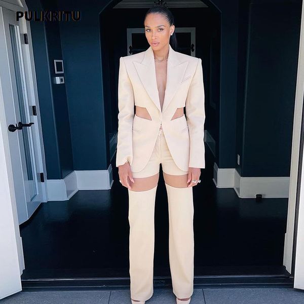 

women's two piece pants pulkritu women mesh patchwork suit party cut out waist long sleeve blazer matching 2 set outfits, White