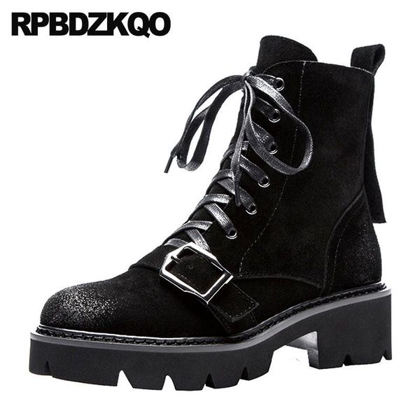

boots black chunky front lace up casual ankle autumn combat women round toe shoes suede fur winter 2021 military genuine leather