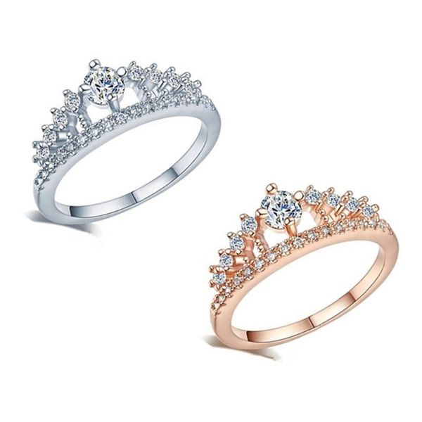 

wedding rings queen princess style cubic zirconia hollow heart silver rose gold crown ring jewelry engagement party for female gifts, Slivery;golden