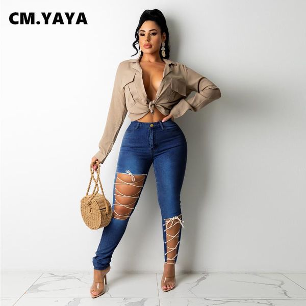 

women's jeans cm.yaya women solid hollow out badage mid waist zip pockets skinny stretchy pencil denim pants fashion streetwear summer, Blue