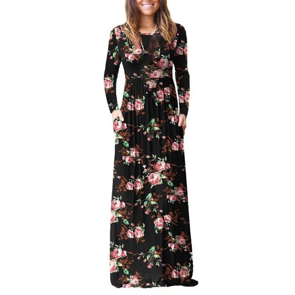 

casual dresses women's autumn winter floral african fabric printed long-sleeved round neck low-cut fashion 2021 dress, Black;gray