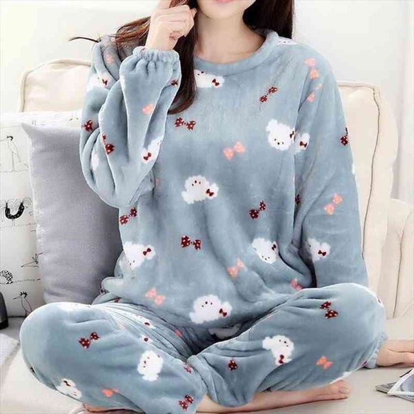 

pajamas women winter flannel long-sleeved thickening plus velvet coral fleece cute autumn and winter home service suit women, White