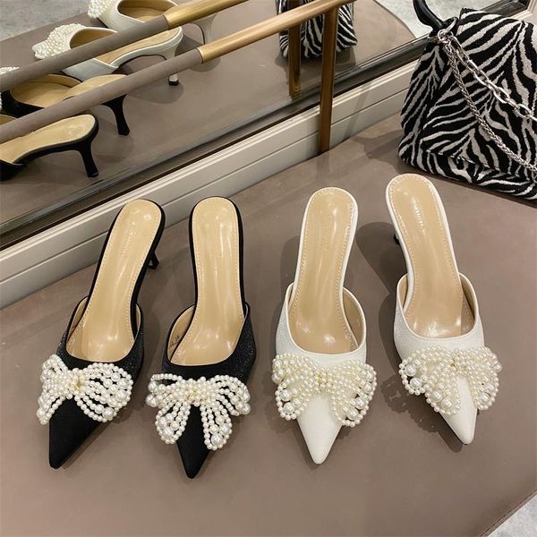 

slippers women pointed solid color sandals stiletto pearl high heels butterfly-knot slides summer casual shoes for, Black