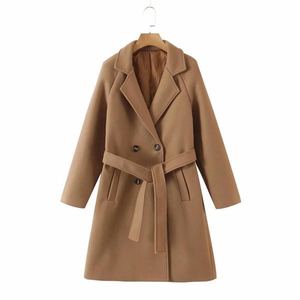 

women's wool & blends elegant brown women slim with sashes waist warm long jacket coat office lady autumn winter ropa, Black