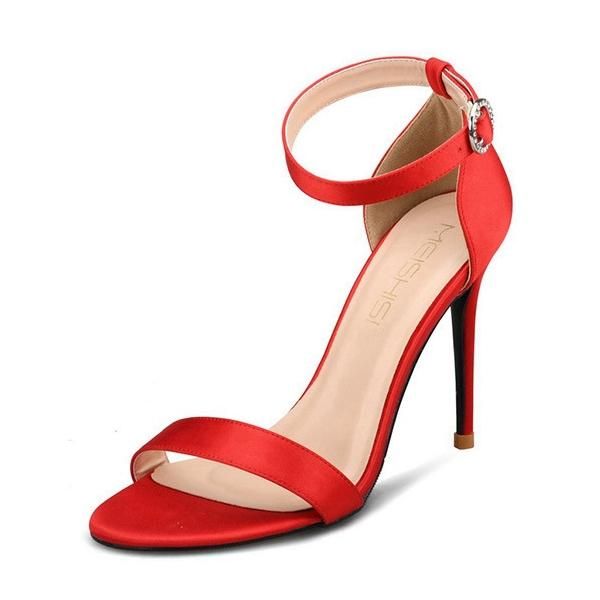 

silk red black sandals solid thin heels open toe women office buckle strap summer high shoes h0042