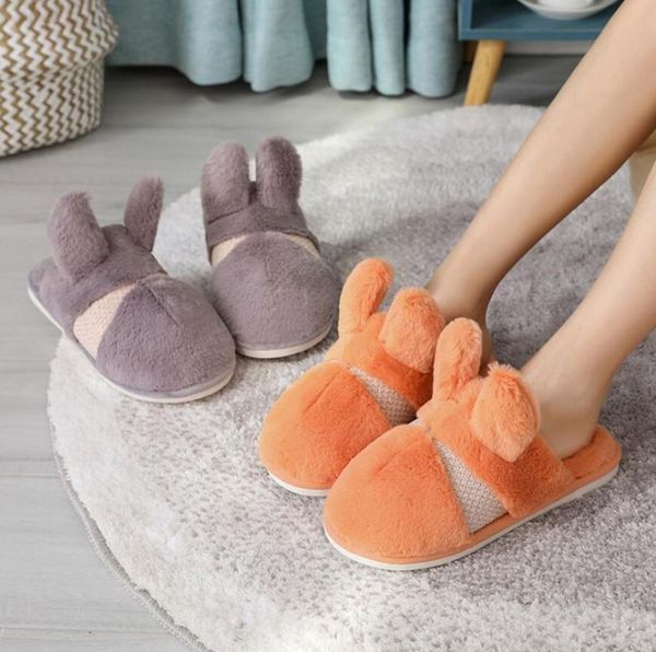 

slippers winter plush ladies home slides cartoon ear fluffy cotton shoes fur indoor warm, Black