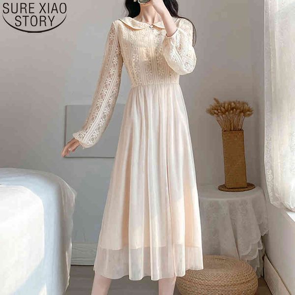

vintage lace women puff long sleeve dresses fashion spring mesh dress high waist doll collar vestidos 12913 210417, Black;gray