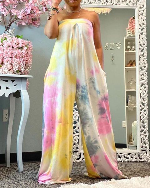 

sandals off shoulder strapless romper playsuit women casual loose tie-dye jumpsuit fashion elegant lady wide leg jumpsuits bodysuit, Black