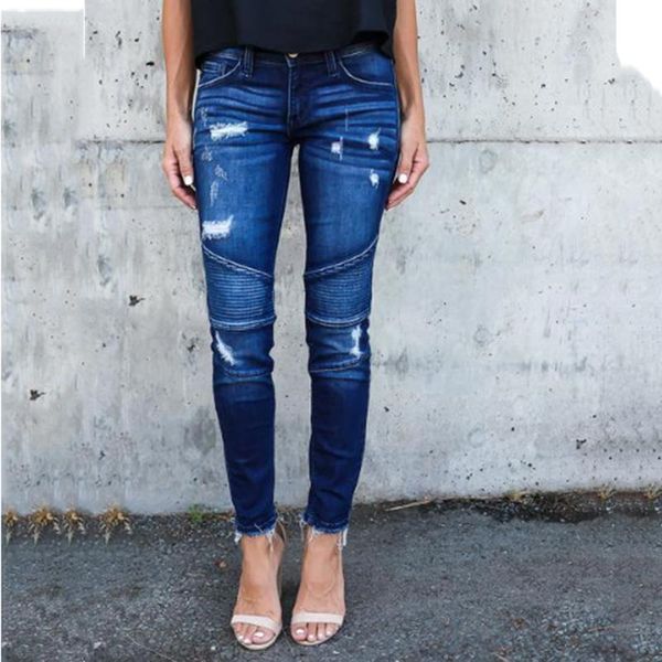 

women's jeans pants slim-fit fringed pleated pierced stretch leggings, Blue
