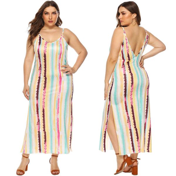 

women's plus size large color striped print open ba split long suspender 11069