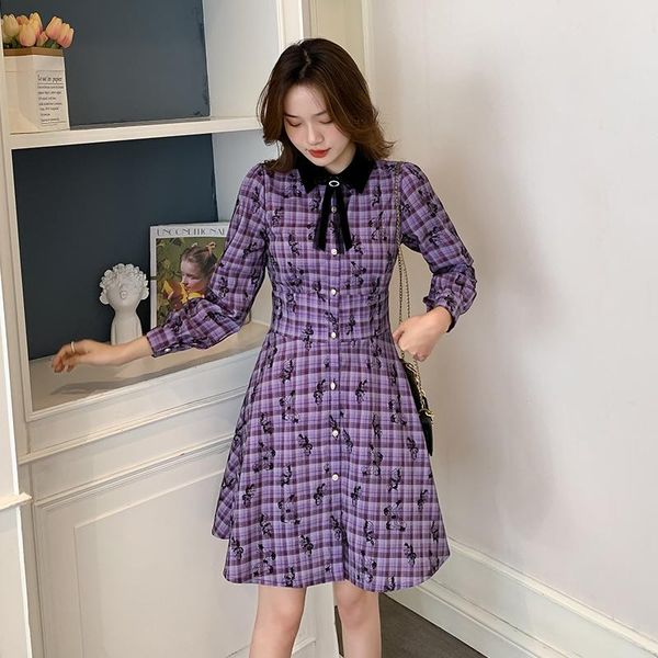 

casual dresses women korean dress fashion one piece autumn spring 2021 office lady korea style vintage long sleeve plaid high waist, Black;gray