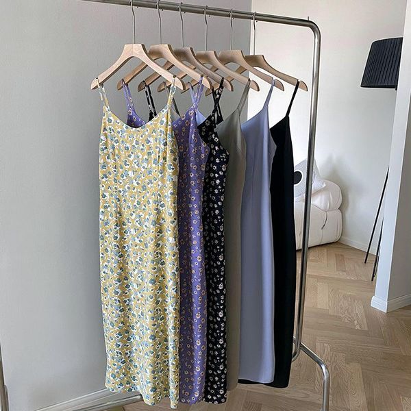 

casual dresses 2021 summer 6-color sling adjustable flower print chiffon dress women korean loose v-neck open fork spaghetti strap long, Black;gray