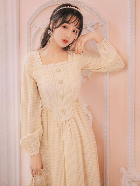 

casual dresses ladies fall elegant temperament dress square collar chic ruffled check retro gentle feminine pastel beige fairy midi, Black;gray