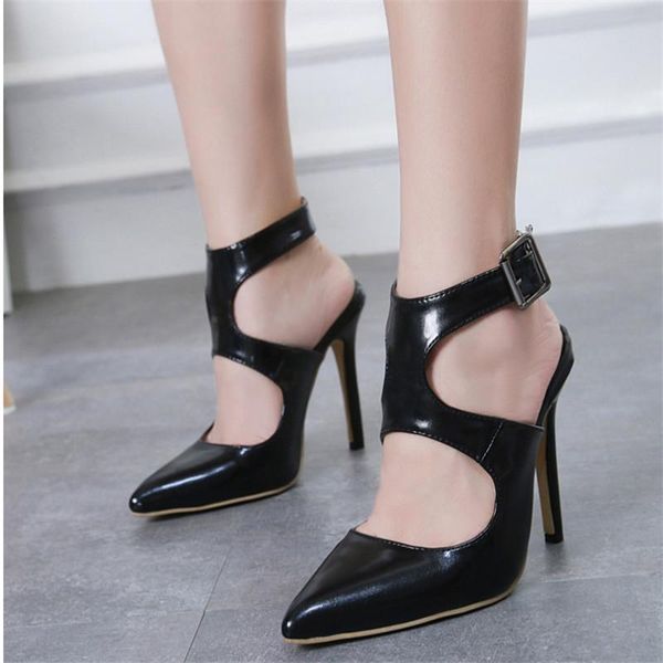 

sandalias de verano para mujer woman genuine leather sandals ankle buckle strap thin high heels shoes summer dress, Black