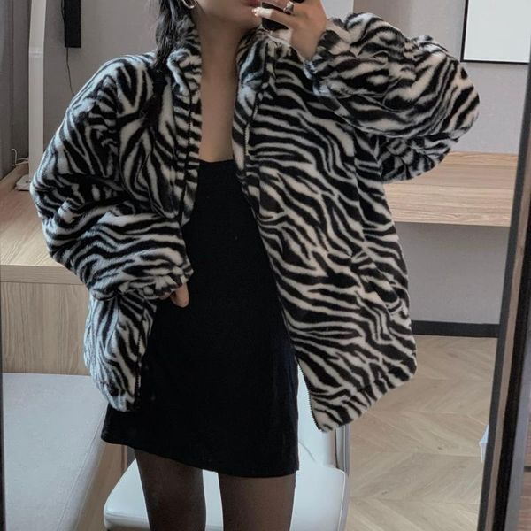 

women's jackets cotton clothing 2021 style retro zebra pattern thick plush velvet loose zipper stand collar coat jacket women, Black;brown