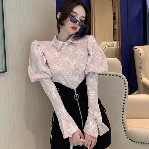 

korean spring women turn down collar puff sleeve flowers jacquard shirt cotton polyester blouse office lady 210526, White