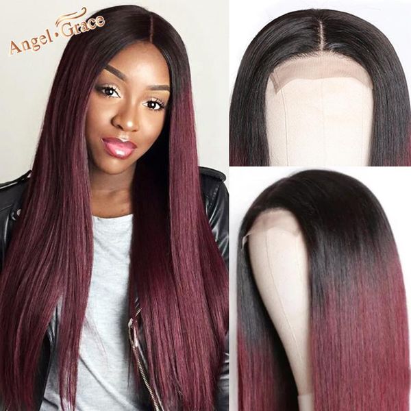 

lace wigs angel grace hair 1b/99j burgundy front 4x4 closure brazilian straight human pre plucked remy, Black;brown