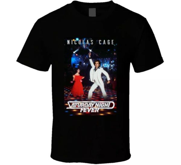 

saturday night fever nicolas cage parody film funny movie t shirt, White;black