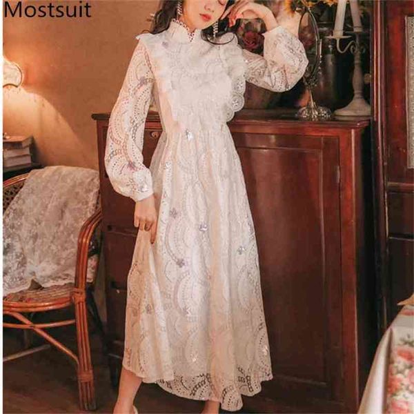 

runway elegant vintage sequins lace long dress women lantern sleeve stand collar ruffles hollow fashion party dresses vestidos 210513, Black;gray