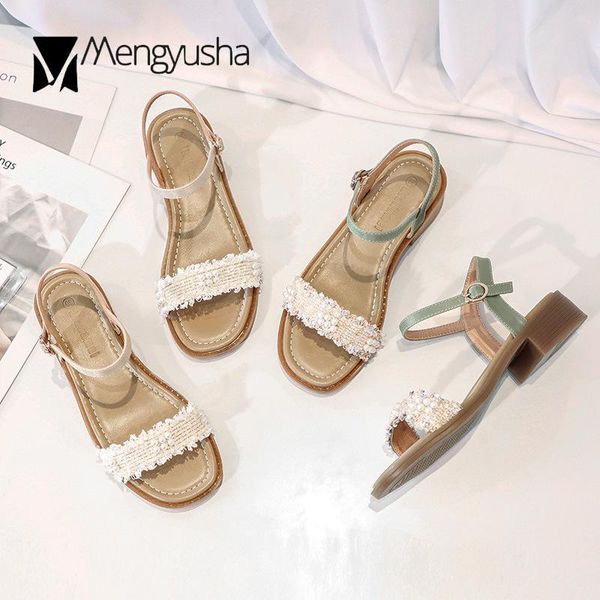 

dress shoes knitted tassel beads sandalias femme buckle strap pearl cane weaving sandals mujer chunky med high heels women, Black