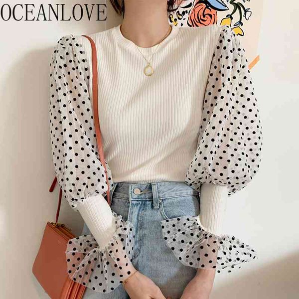 

polka dot mesh blouses women spring korean chic vintage flare sleeve shirts fake 2 pcs knitted blusas mujer 210415, White