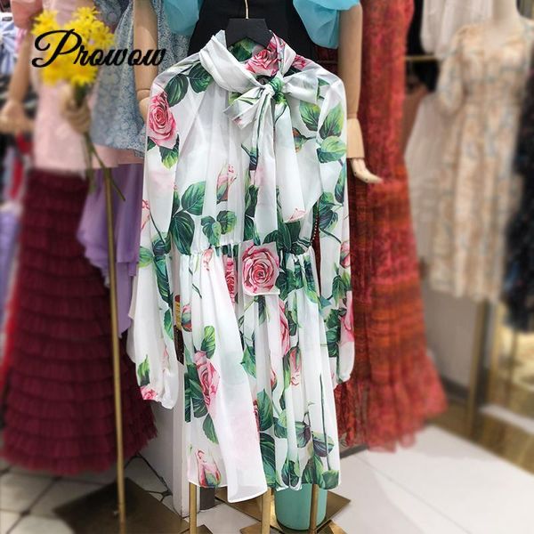 

designer autumn ladies dress bow tie collar elastic waist printed chiffon casual dresses, Black;gray