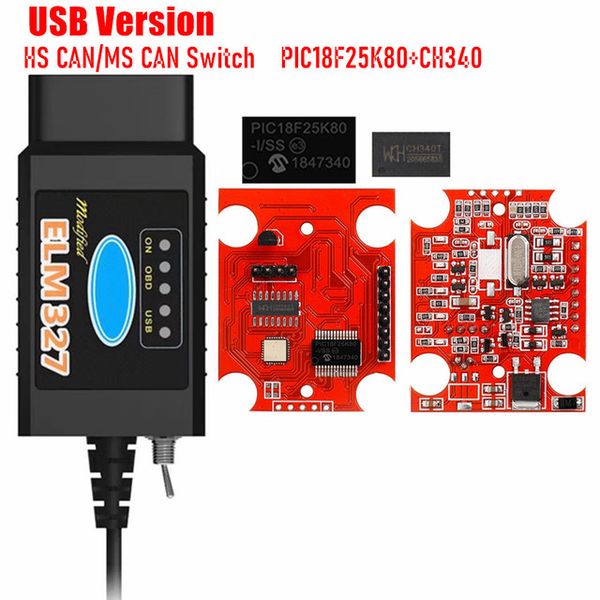 ELM327 V1.5 Strumenti USB Scanner Veicolo Interruttore PIC18F25K80 FTDI/CH340 HS-CAN/MS-CAN Scanelm 327 1.5 Per Ford OBD2 Strumento Diagnostico Auto