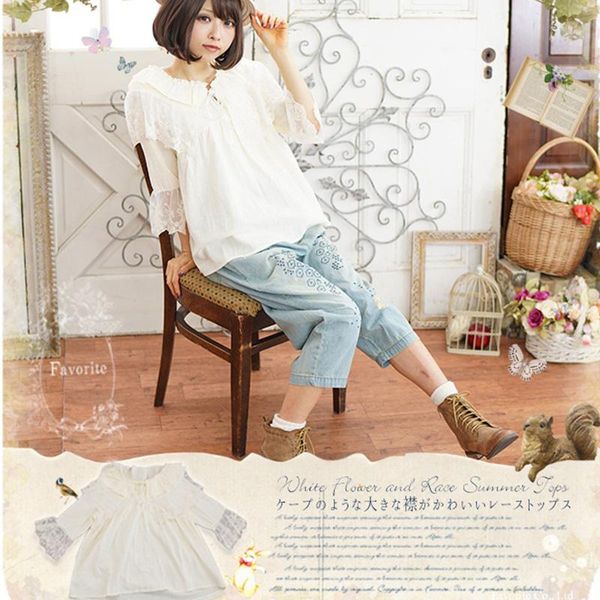

women's blouses & shirts mori girl spring summer white lace ruffled shirt women three quarter sleeve princess blouse blusa ladies clot