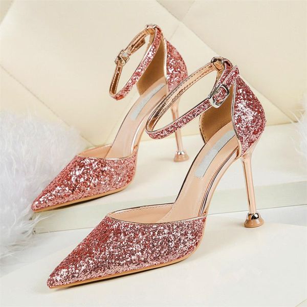 

6.5cm/9.5cm heel women's sandals pointed toe fashion bling high heels shoes cut-outs buckle shallow party shoe office women, Black