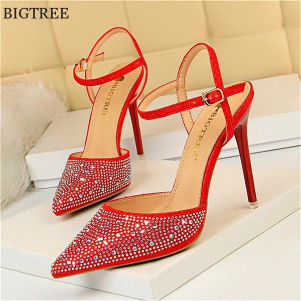 

high heels rhinestone women pumps pointed toe buckle strap ladies wedding shoes 9 colors crystal shallow party woman dress, Black