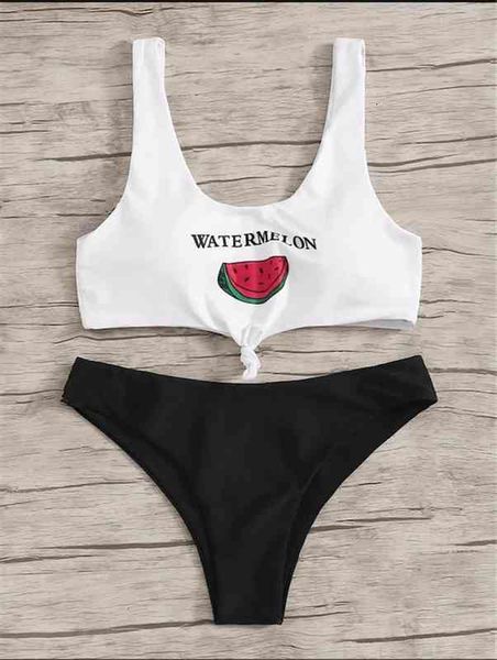 

women front tie watermelon swimwears print push up micro mujer bathing suit thong swimsuit de bano biquini, White;black