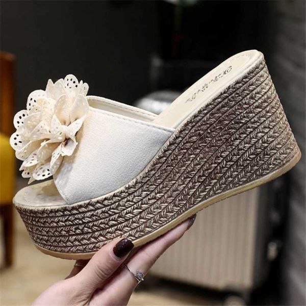 

slippers women 9cm wedges high heel fashion summer solid color non-slip peep toe beach shoes light platform flowers sandals, Black