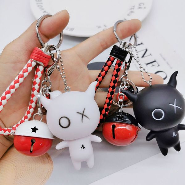 

key chain cute cartoon funny black boy pendant men's and women's small gift leather rope bell, Silver