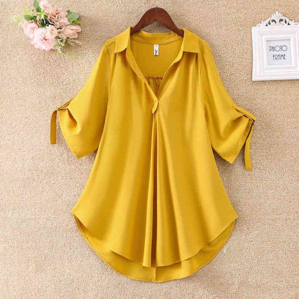 

summer korea female turn-down collar short sleeve chiffon loose shirts plus size femme blouse long m30, White