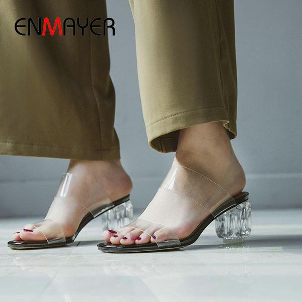 

slippers enmayer 2021 synthetic solid plastic summer shoes woman pu rubber outside women square heel slides size 34-43, Black