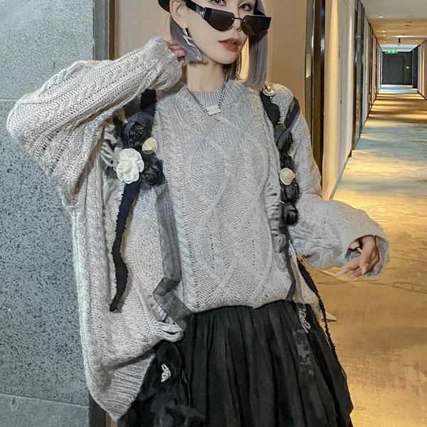 

women's sweaters xuxi hole sweater women autumn winter 2021 loose three-dimensional small flower o neck grey female fashion e3295, White;black