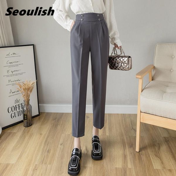 

women's pants & capris seoulish 2021 button formal harem spring summer black high waist female workwear elegant ankle length trouses, Black;white