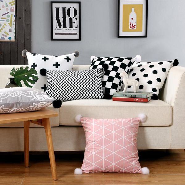 

cushion/decorative pillow nordic short plush cushion cover sofa geometric waist wool balls solid color rectangular pillowcase