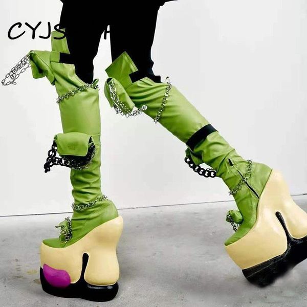 

boots cyjsyqfc street style woman's knight metal decoration super high heel over the knee women's platform, Black