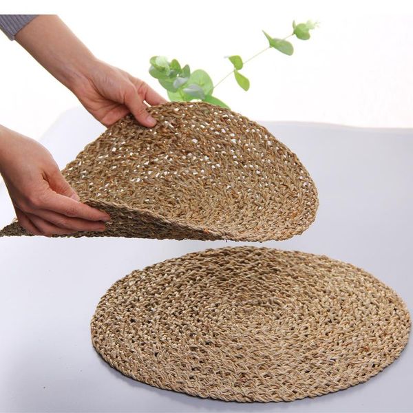 

mats & pads 2pcs round natural aquatic hand-woven dining table potholder flower pot mat retro tea