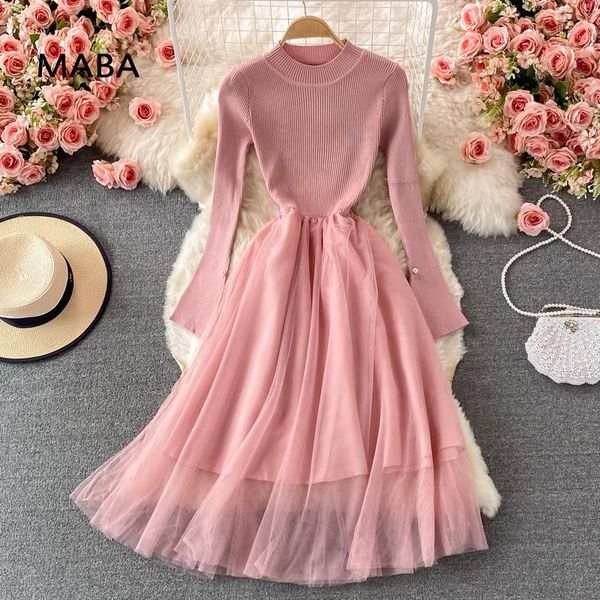 

casual dresses 2021 autumn winter knitted patchwork dress korean women's wear o-neck collect waist solid a-line bottoming, Black;gray