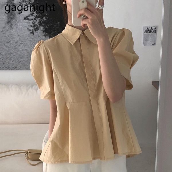 Gaganight мода женская блузка рубашка летние дамы твердые пуговицы фонарь рукав офисная рубашка нерегулярная спина плиссированные белые вершины 210519