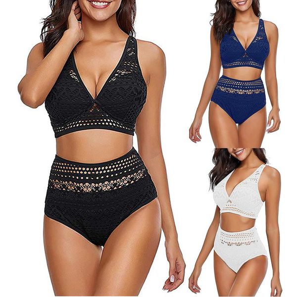

women's swimwear split high waist hollow lace bikini lady style swimsuit beach suit women, White;black