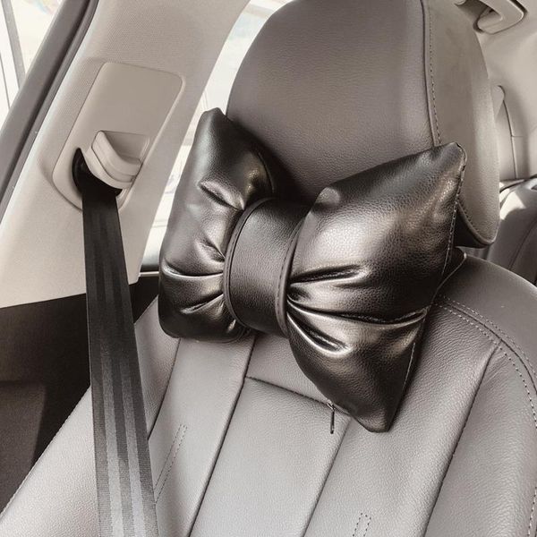

seat cushions classic black bowknot pu leather car neck pillow waist support pillows auto headrest cover accessories for girls