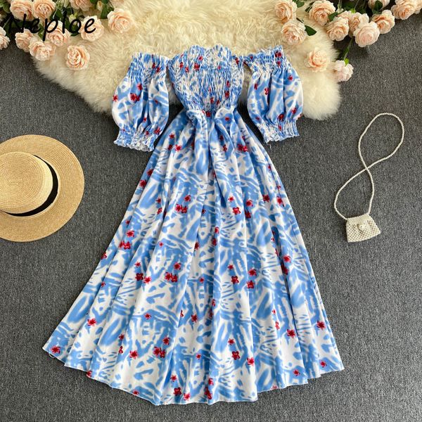 

neploe slash neck shoulder strapless print dress women high waist hip a line long vestidos summer print robe 210510, Black;gray