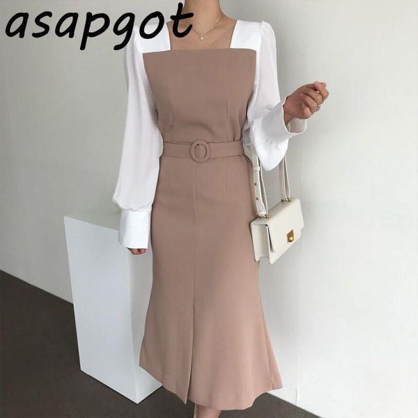 

casual dresses korea chic autumn temperament elegant square collar hit color stitching fake two-piece slim bag hip mermaid dress belt women, Black;gray