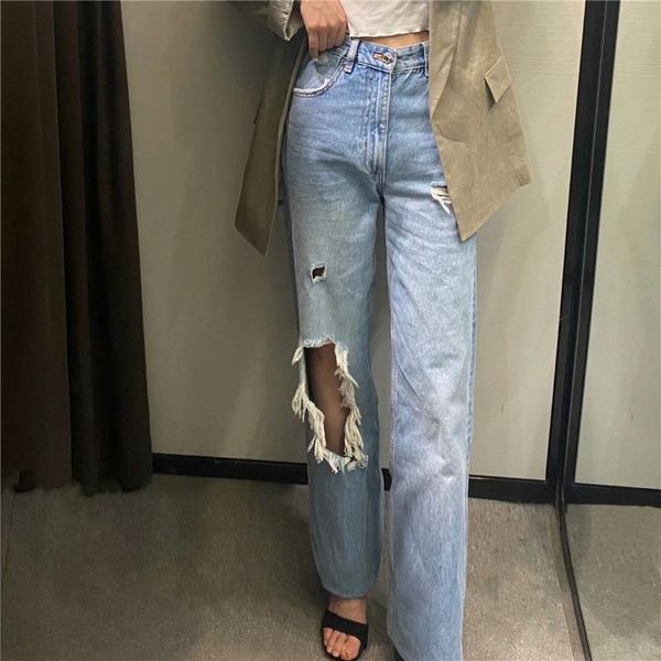 

women's jeans vogue casual woman blue irregular hole tide spring vintage ladies high waisted streetwear denim pants girls y2k pant
