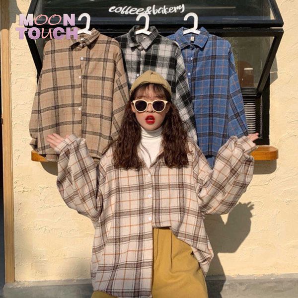 

women plaid warm shirt female jacket checked coat casual turn-down collar long sleeve autumn blouse fashion loose outwear 210721, White