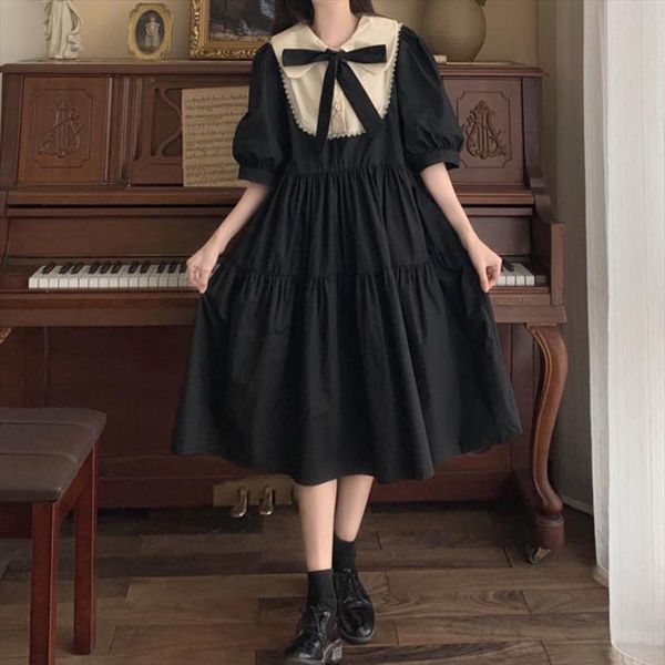

elegant vintage summer kawaii maxi women dresses sweet cute puff sleeve preppy style sundress lolita outfits, Black;gray
